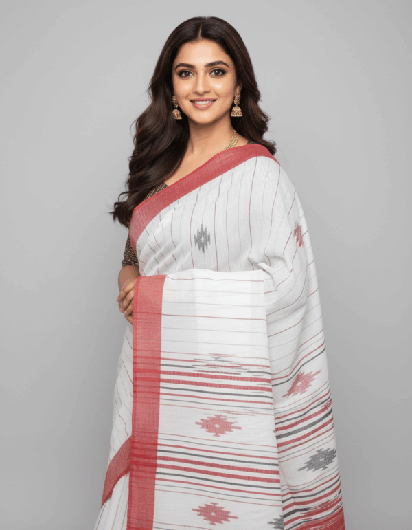 Handloom High Quality Khadi Khesh White with Red Color (Code:S1875N63)