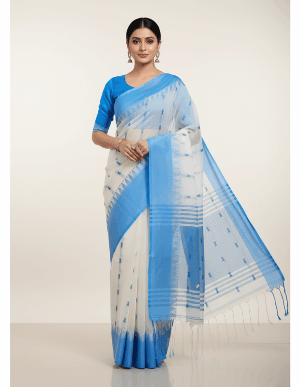 Handloom High Quality Khadi Milky White with Deep Sky Color (Code:S1675N62)