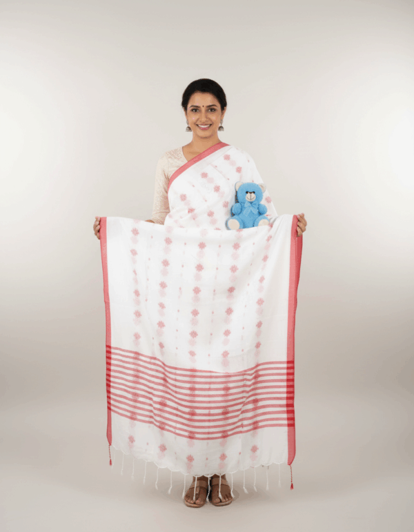 Handloom High Quality Khadi White with Red Color (Code:S1875N65)