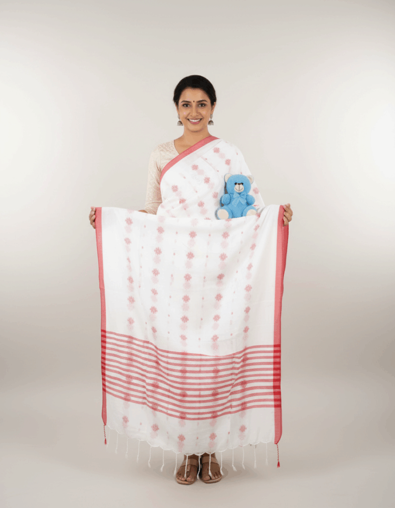 Handloom High Quality Khadi White with Red Color (Code:S1875N65)