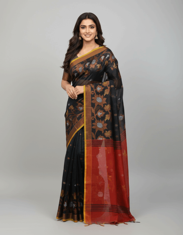 Handloom Khadi Black with Red Color, Copper Work Par (Code:S1675N61)