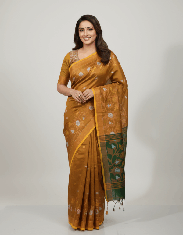 Handloom Khadi Golden Beige with Bottle Green Color, Copper Work Par (Code:S1675N59)