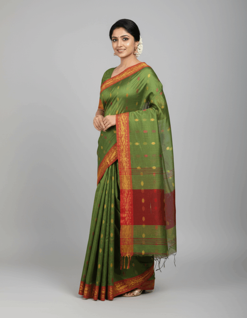 Handloom Khadi Leafy Green with Maroon Color (Code:S1675N56)