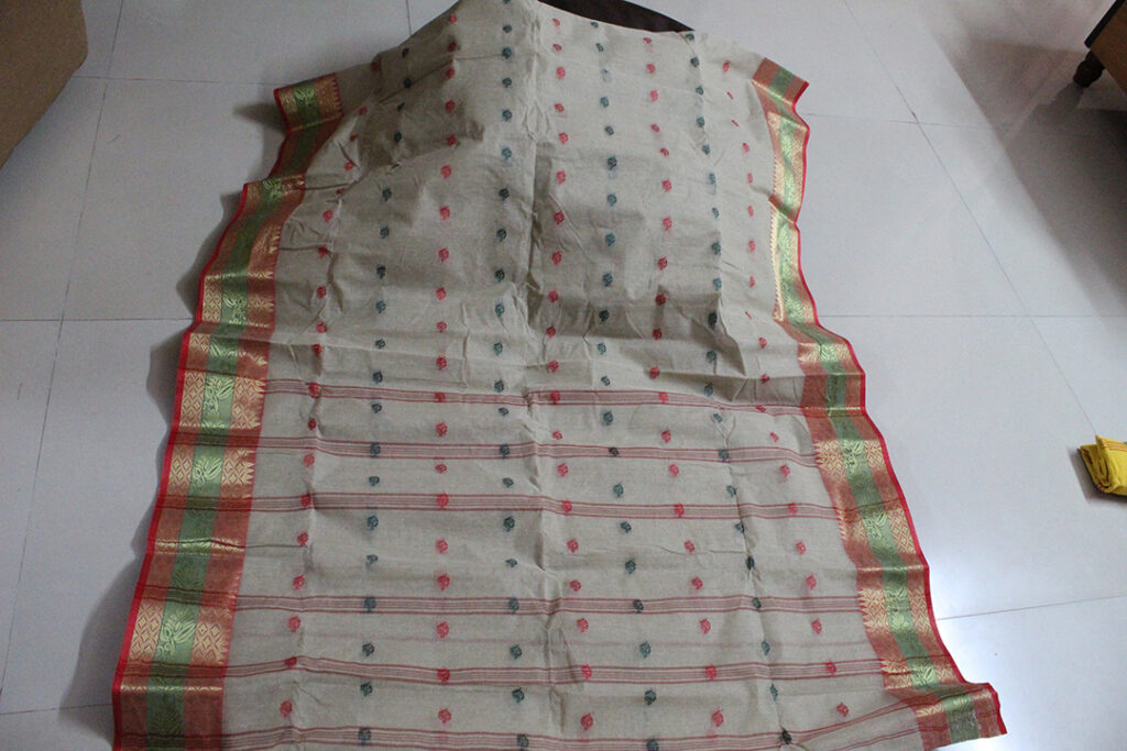 Tangail Naksha Big Buti Tusshar or Khaki with Green & Red (Code:S1250N93)