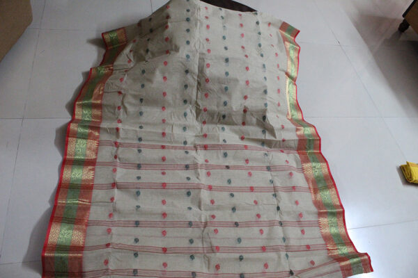 Tangail Naksha Big Buti Tusshar or Khaki with Green & Red (Code:S1250N93)