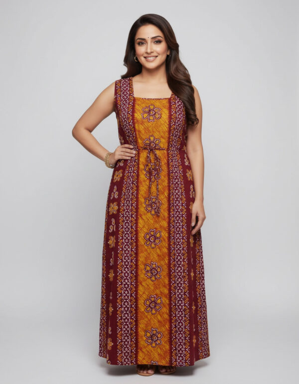 Brown Panel Batik Sleveless A Line Cut Nighty (Code:N390M70)