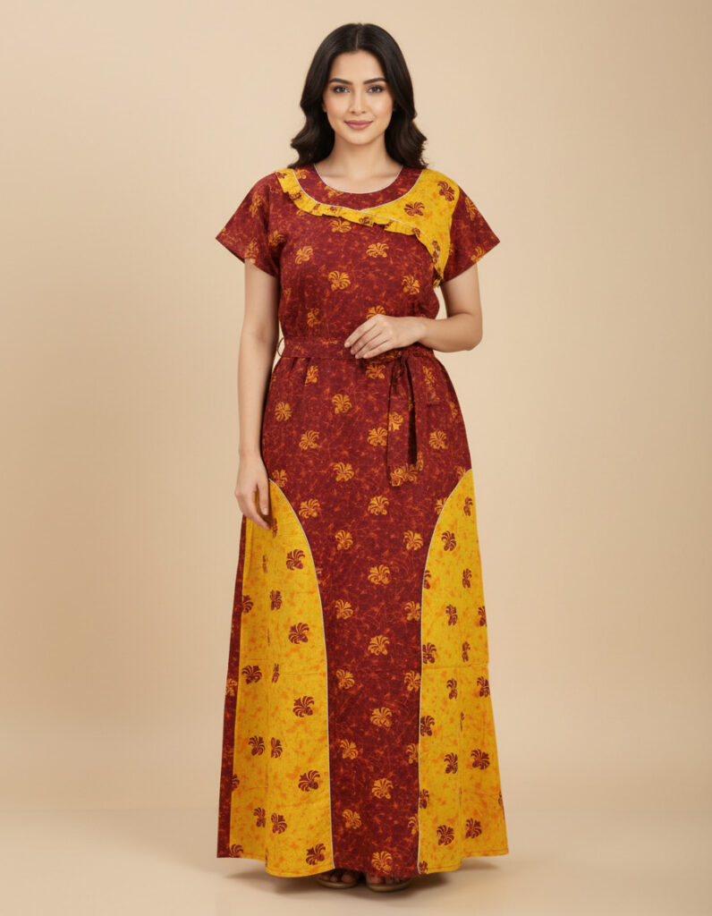 Burnt Red Rashmoni A Line Cut Nighty (Code:N399M53)