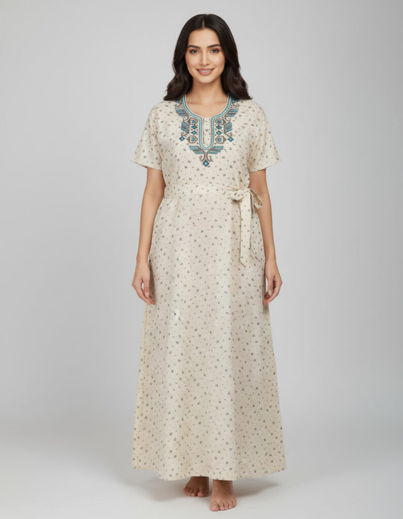 Cream Embroidary A Line Cut Nighty (Code:N450M43)