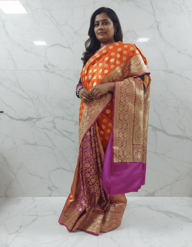 Katan Silk - Patli Pallu Orange with Purple (Code:S2500N23)