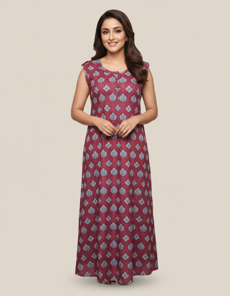 Maroonish Red Rashmoni A Line Cut Nighty (Code:N399M50)