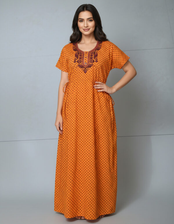 Mustard Yellow Embroidary A Line Cut Nighty (Code:N450M40)