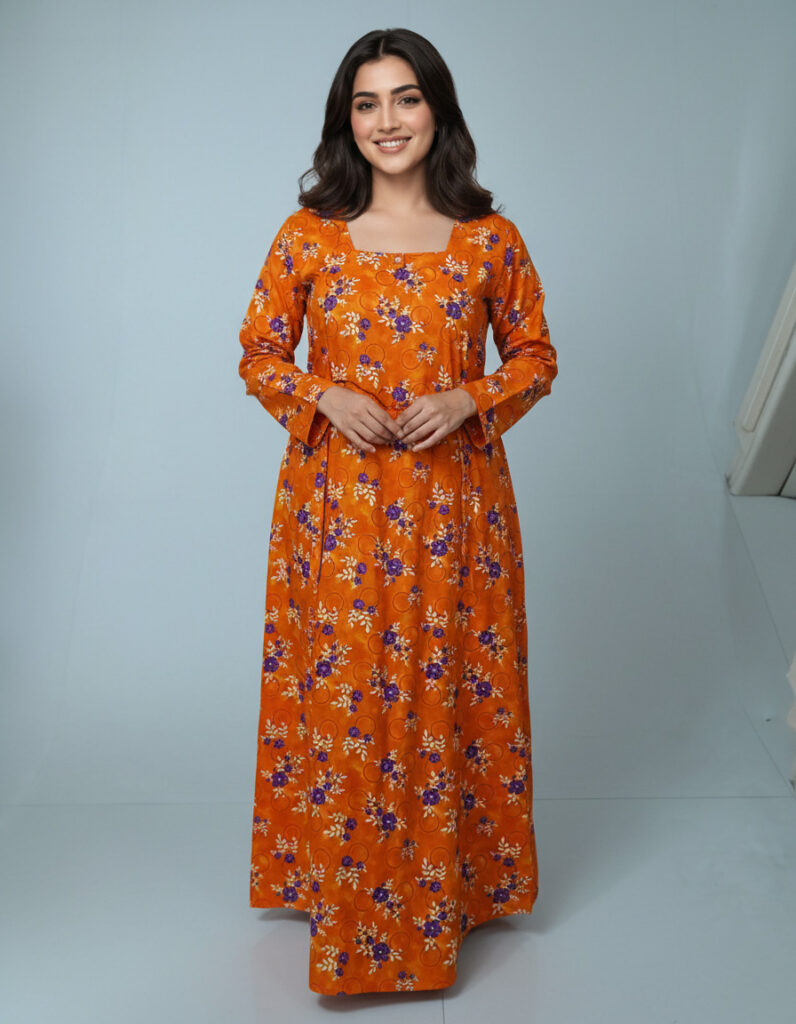 Orange Full Sleeves A Line Cut Nighty (Code:N315M67)