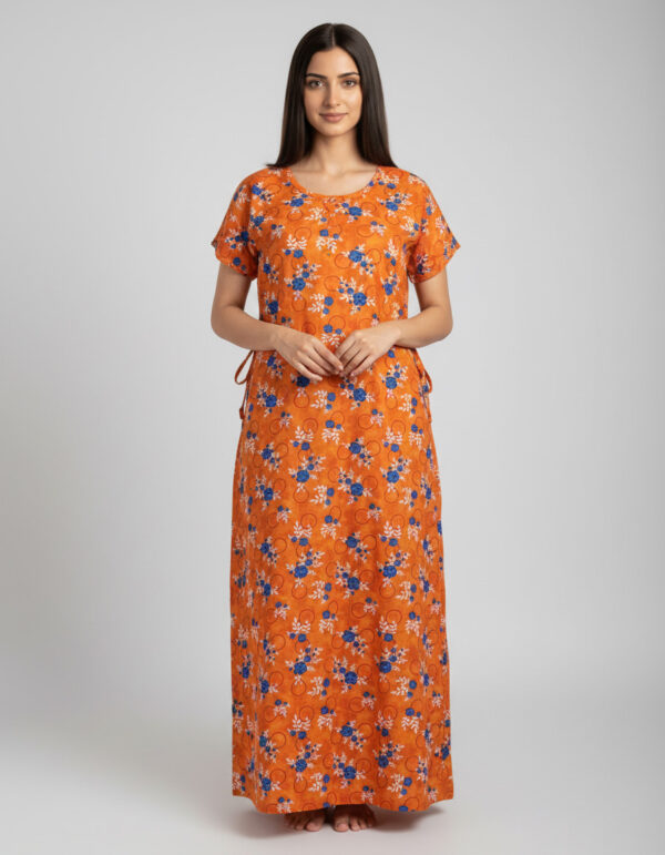 Orange with Blue Floral A Line Cut Nighty (Code:N375M18)