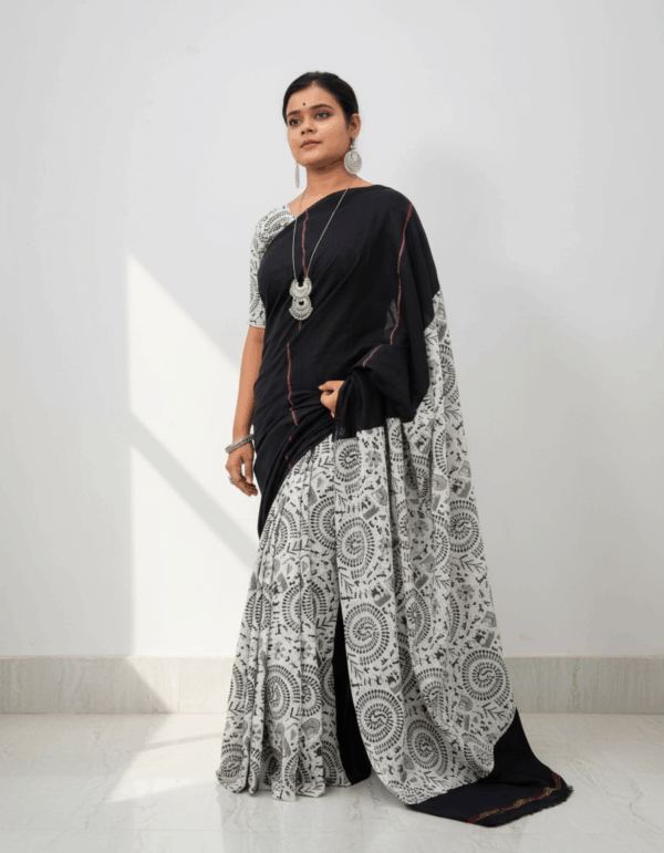 Warli Kesh Saree White with Black Color (Code:S1250N69)