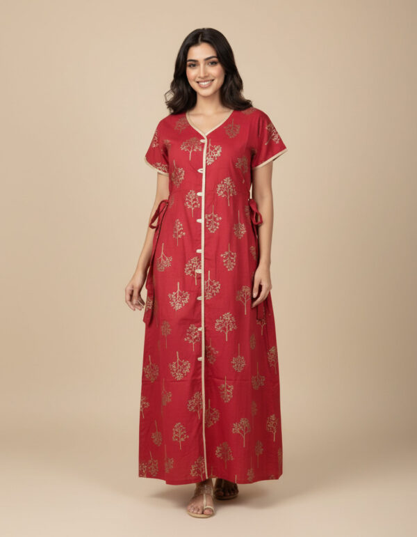 Red Satin Border A Line Cut Nighty (Code:N445M33)