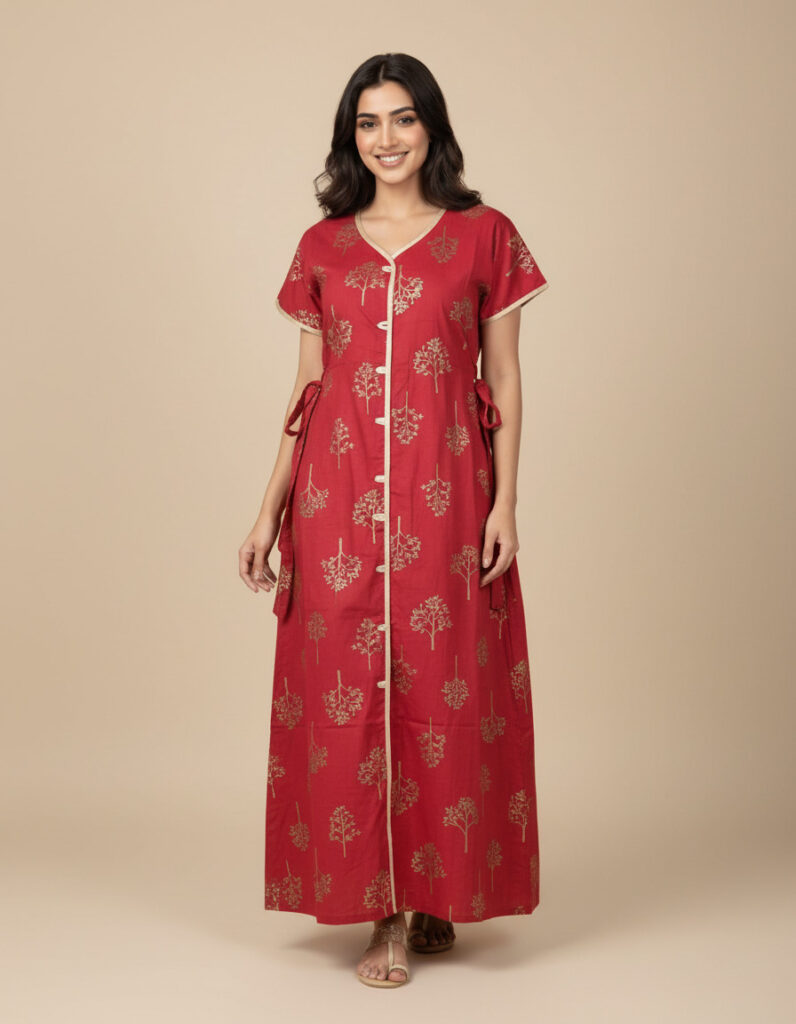 Red Satin Border A Line Cut Nighty (Code:N445M33)