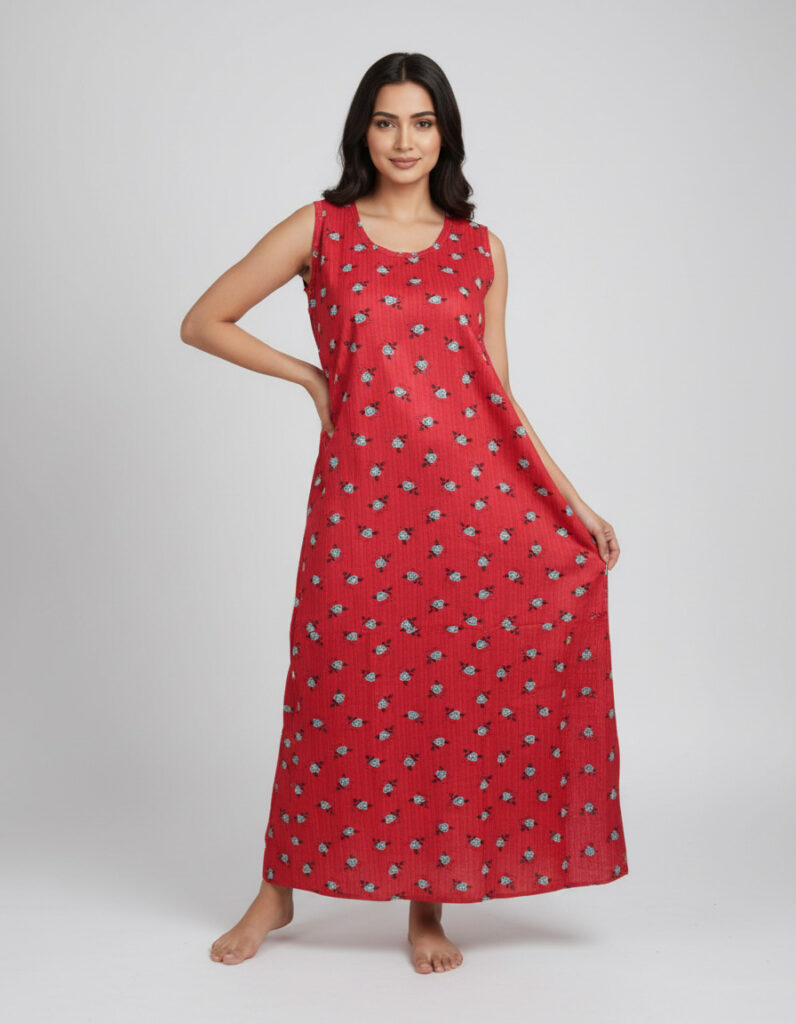 Red Kuchi Sleeveless A Line Cut Nighty (Code:N315M61)