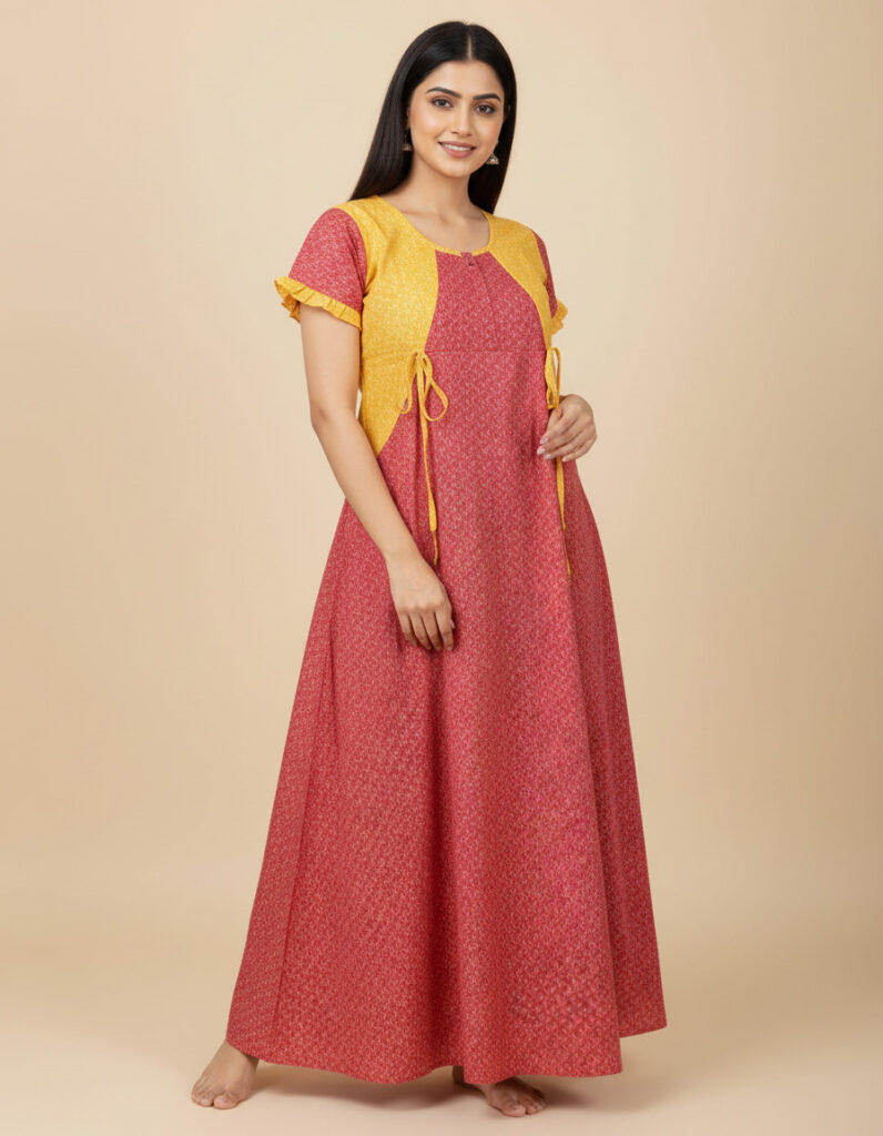 Red Square Neck Rashmoni A Line Cut Nighty (Code:N375M55)