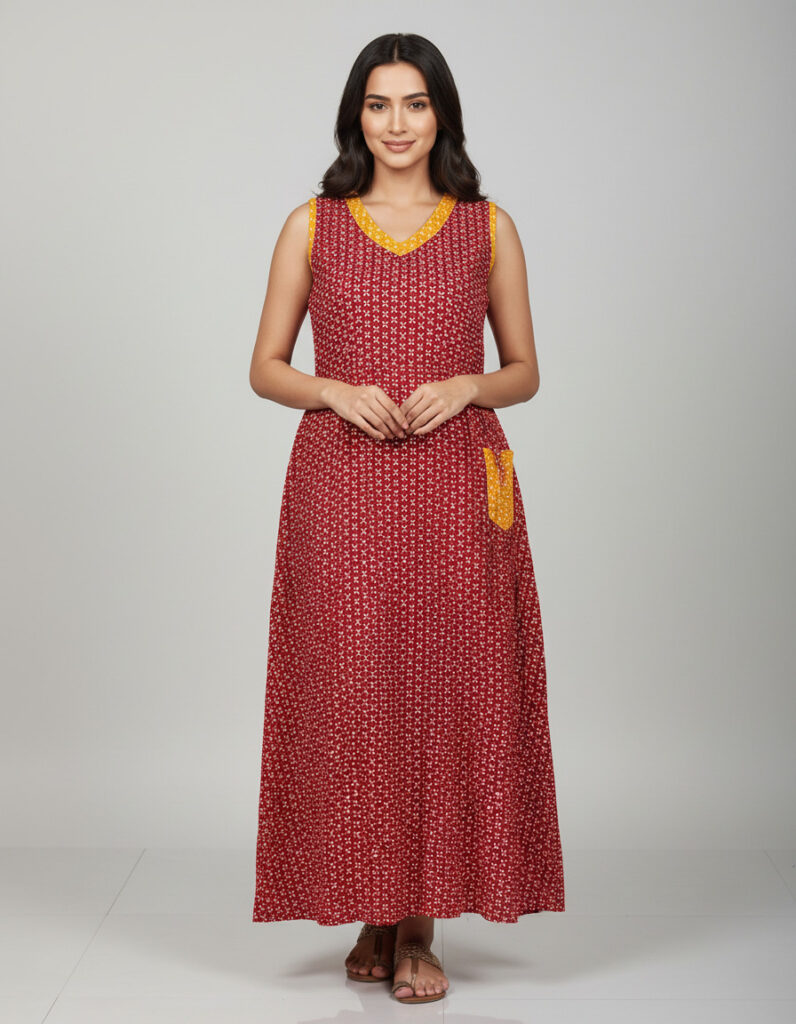 Red Sleeveless A Line Cut Nighty (Code:N315M59)
