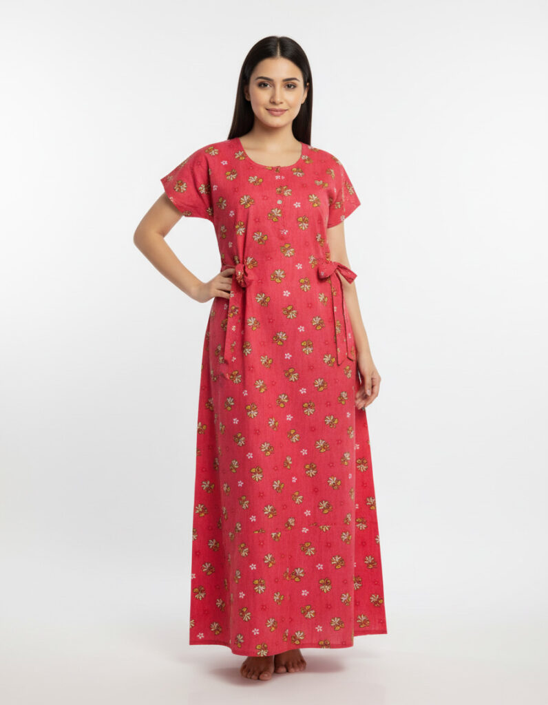 Red Floral A Line Cut Nighty (Code:N375M9)