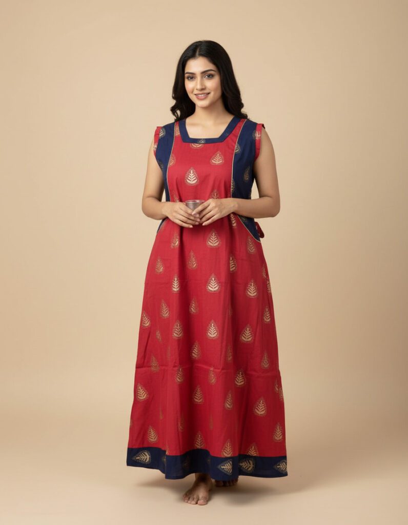 Red Foil Print A Line Cut Nighty (Code:N475M57)
