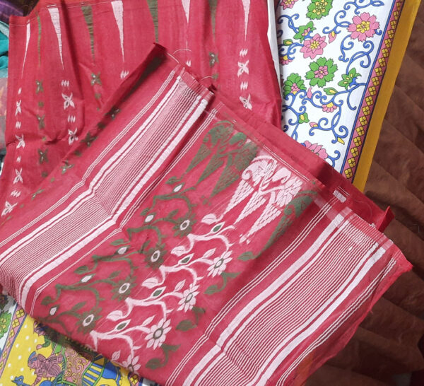 Hard Gap Jamdani Red with White & Green (Code:S1150N81)