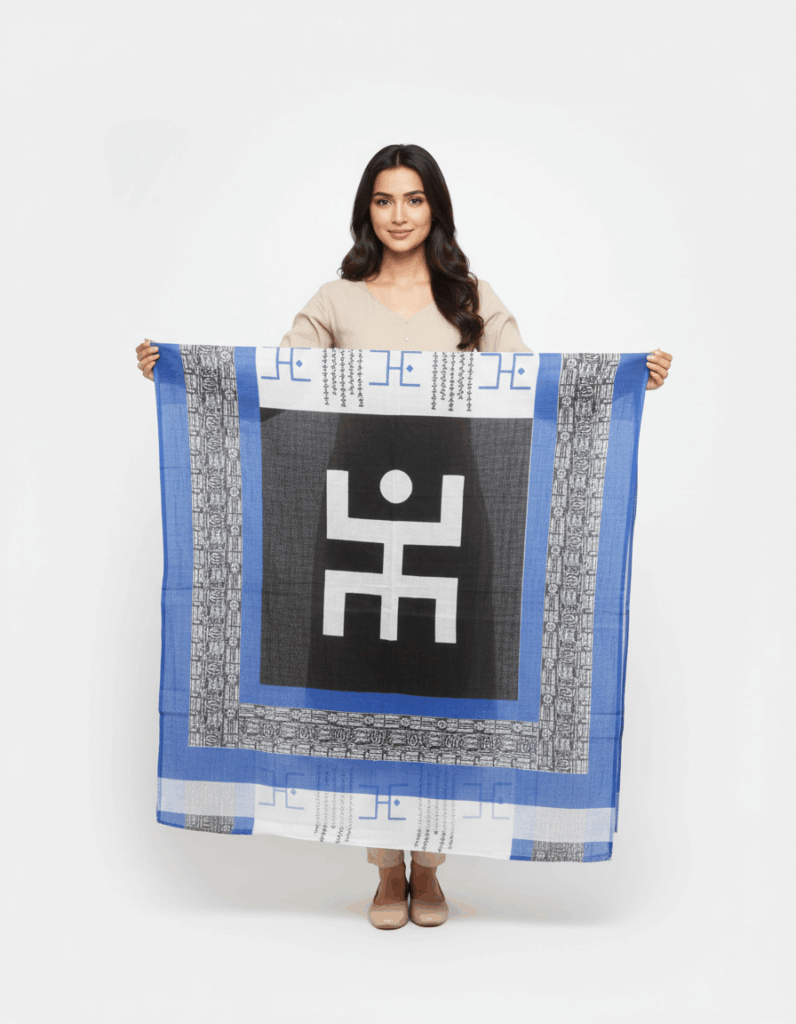 Swastik Malmal White with Black & Blue (Code:S699N142)