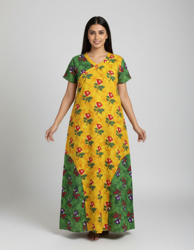 Yellow V Neck Frill A Line Cut Nighty (Code:N375M3)