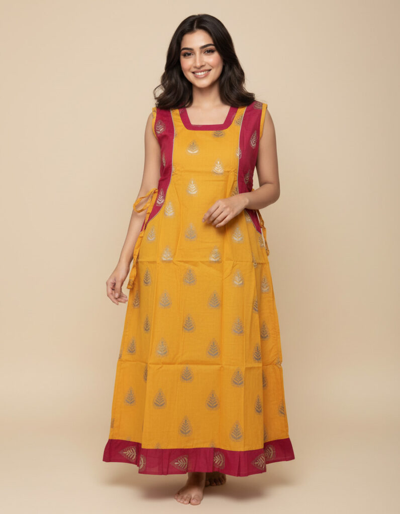 Yellow Foil Print A Line Cut Nighty (Code:N475M58)